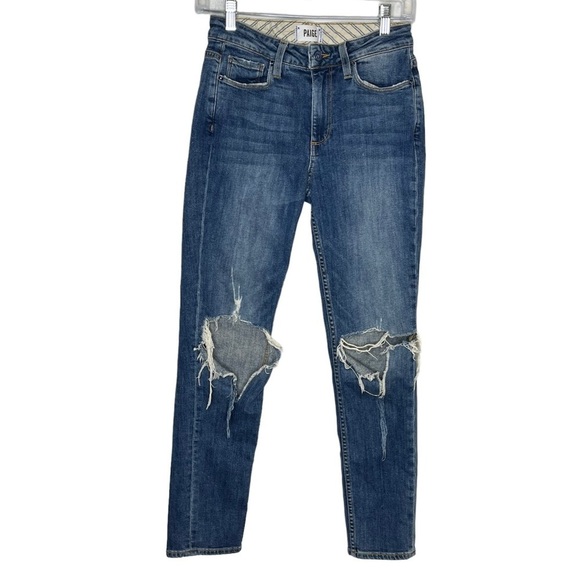 PAIGE Carter Slim Jeans Blue Denim Distressed Knee - Picture 1 of 8